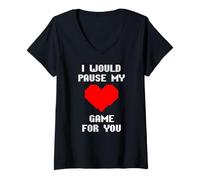 Donna I Would Pause My Game for You Cuore Pixelato Amore Giocatori Maglietta con Collo a V