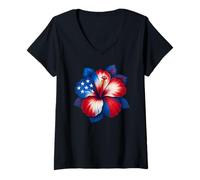Donna Ibisco Fiore 4 Luglio USA Bandiera Floreale Ragazzi Ragazze Bambini Maglietta con Collo a V