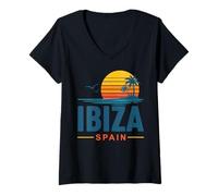 Donna Ibiza Spagna Retro Tramonto Vacanza Maglietta con Collo a V