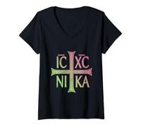 Donna IC XC Nika Cross Christian Orthodox Pastel Maglietta con Collo a V