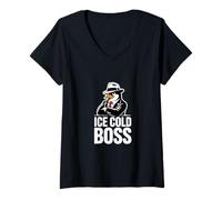 Donna Ice Cold Boss Penguin Mafia Umorismo Divertente Maglietta con Collo a V