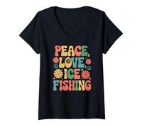 Donna Ice Fisher 60s 70s Hippie Retro Peace Love Pesca sul ghiaccio Maglietta con Collo a V