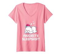 Donna Ice Polar Bear Bears Nap Sleeping Sleep Pigiama Camicia da Notte Maglietta con Collo a V, Rosa, S