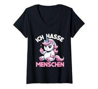 Donna Ich Hasse Menschen - Divertente unicorno anti-sociale con scritta tedesca Maglietta con Collo a V