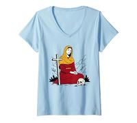 Donna Icona cattolica della Maddalena penitente con Croce e Teschio Maglietta con Collo a V