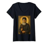 Donna Icona ortodossa Cristiana di San Elder Paisios Maglietta con Collo a V