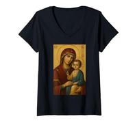 Donna Icona ortodossa di Theotokos - Maria con Gesù Cristo Bambino Maglietta con Collo a V