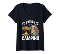 Donna I'd Rather Be Camping Raccoons Glamping Funny Vacation Lover Maglietta con Collo a V
