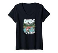 Donna I'd Rather Be Fly Fishing Trout Mountains River Outdoors Maglietta con Collo a V