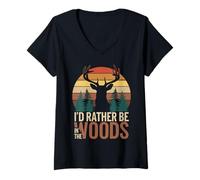 Donna I'd Rather Be in The Woods Funny Camping Hiking Outdoors Maglietta con Collo a V