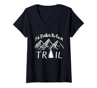 Donna I'd Rather Be On Trail Escursionismo Escursionista Natura All'aperto Maglietta con Collo a V