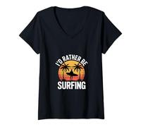 Donna ID Rather Be Surfing Divertente Retro Vintage Detto Maglietta con Collo a V