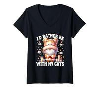 Donna Id Rather Be With My Cats Funny Cat Lover Gnome Cat Graphic Maglietta con Collo a V