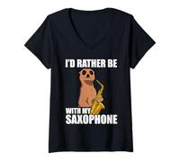 Donna I'd Rather be with My Sassofono Giocatore di Sassofono Maglietta con Collo a V