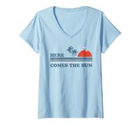 Donna Idea regalo vintage Here Comes The Sun Beach Retro Sunset anni '70 Maglietta con Collo a V