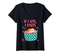 Donna If I sit I knits funny girl who loves cats and knitting tee Maglietta con Collo a V