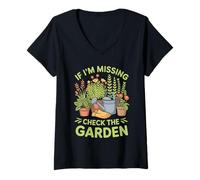 Donna If I'm Missing Check The Garden Piante da Giardiniere - Maglietta con Collo a V