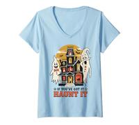 Donna If You've Got It Haunt It Retro Halloween Ghost Maglietta con Collo a V