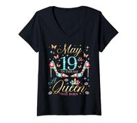 Donna Il 19 Maggio A Queen Was Born 19th May Compleanno Donne Ragazze Maglietta con Collo a V