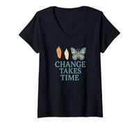 Donna Il Cambiamento Richiede Tempo Cocoon Chrysalis Butterfly Maglietta con Collo a V