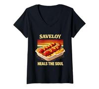 Donna Il Cibo Chippy Britannico nostalgico Saveloy guarisce l'anima Maglietta con Collo a V