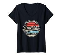 Donna Il Cuore d America batte nello Stato retrò degli Stati Uniti della Carolina del Nord Maglietta con Collo a V