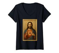 Donna Il Cuore di Gesù Cristo - Icon Cattolico Sacro Cuore Maglietta con Collo a V