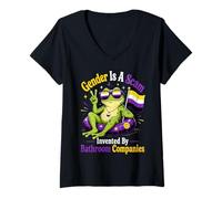 Donna Il Genere è Una truffa Non Binary Frog Enby Flag Maglietta con Collo a V