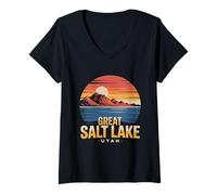 Donna Il Grande Lago salato Utah turistico Vintage Retro Tramonto Acqua Maglietta con Collo a V