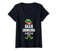 Donna Il Gruppo di Famiglia di Elfi Che beve Birra Che abbina X-mas Maglietta con Collo a V
