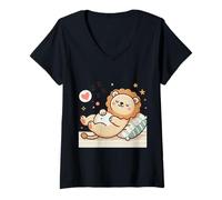 Donna Il leone per bambini addormentato carino Maglietta con Collo a V