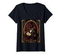 Donna Il Mago Gatto Nero Art Deco Murder Mystery Maglietta con Collo a V