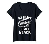 Donna Il Mio Cuore è Tutto Nero Silver Fern Kiwi Maglietta con Collo a V
