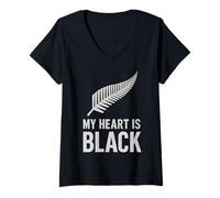 Donna Il Mio Cuore è Tutto Nero Silver Fern Maglietta con Collo a V