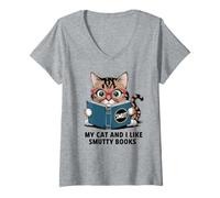 Donna Il Mio Gatto e io piacciono i Libri sporchi Nerdy Reading Bookworm Maglietta con Collo a V