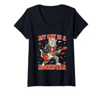 Donna Il Mio Gatto è Un Gatto Rockstar Guitar Rock Maglietta con Collo a V