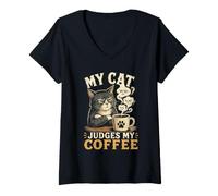Donna Il Mio Gatto Giudica Il Mio caffè Rituale Mattutino Club Maglietta con Collo a V