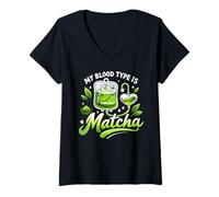 Donna Il Mio Gruppo sanguigno è Matcha IV Bag Green Latte Drink Maglietta con Collo a V