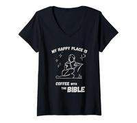 Donna Il Mio Posto Felice è: caffè con la Bibbia - Christian Design Maglietta con Collo a V