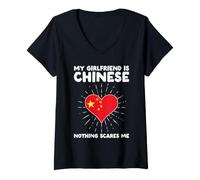 Donna Il Mio Ragazza è Cinese Nulla Spaventa Me - Cina Cuore Maglietta con Collo a V