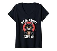 Donna Il Mio terapeuta ha rinunciato all'ufficio Nero Grumpy Kitty caffè Gatto Maglietta con Collo a V
