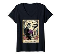 Donna Il Mostro Frankenstein e Bride The Lovers Tarocchi Card Maglietta con Collo a V