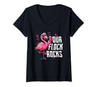 Donna Il nostro gruppo di vacanze per famiglie abbinato a Flock Rocks Pink Flamingo Maglietta con Collo a V