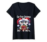 Donna Il Nostro Primo Natale Come mr And Mrs 2025 Pjs (Pinguini) Maglietta con Collo a V