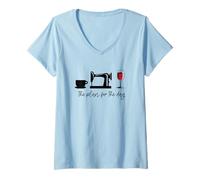 Donna Il Piano per la Giornata: Coffee Sewing Machine Wine Glass Meme Maglietta con Collo a V