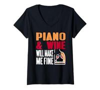 Donna Il Pianoforte e Il Vino Mi Fanno Stare Bene Umorismo Maglietta con Collo a V