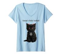 Donna Il Piccolo Gattino dagli Occhi Rossi di Satana Maglietta con Collo a V