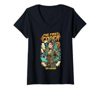 Donna Il Primo codificatore ADA Lovelace Steampunk Tech Graphic codifica Maglietta con Collo a V
