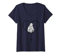 Donna Il Santo Rosario Vergine Maria Cattolici. Cuore Maglietta con Collo a V