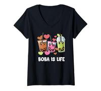 Donna Il Simpatico Boba È La Vita Bubble Tea BES-teas Kawaii Maglietta con Collo a V